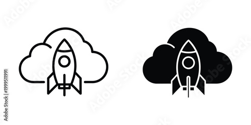 Rocket launch icon with cloud background in black and white