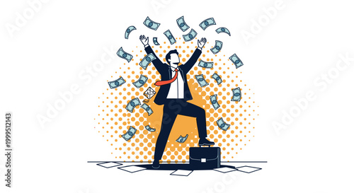 Successful businessman stands on his briefcase with arms raised as banknotes fall around him in a celebration of wealth and victory.