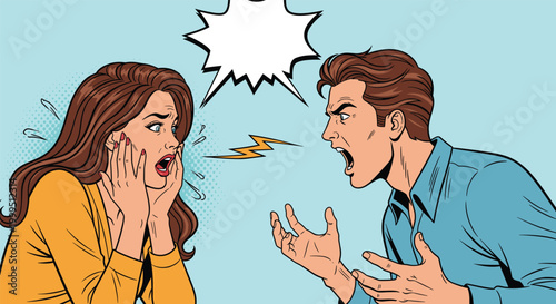 Intense argument between a man and a woman shouting at each other with an empty jagged speech bubble on a blue background.