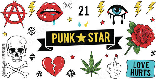 Punk Rock Tattoo Collection with Skull, Heart, Eye, and Symbols for Alternative, Rebel, and Edgy Designs