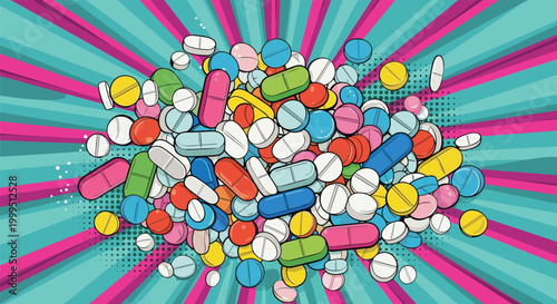 Overwhelming pile of diverse colorful pills and capsules representing pharmaceutical industry medication overuse on a burst background.