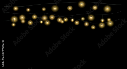 Irregular cluster of warm yellow string lights against a solid black background.