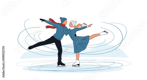 Graceful couple performing a figure skating routine together on an ice rink with swirling motion lines in a flat design style.