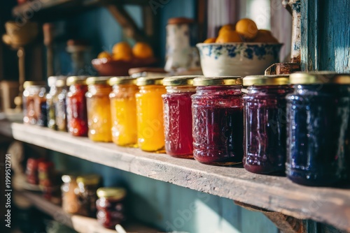 Colorful fruit jam jars on shelves