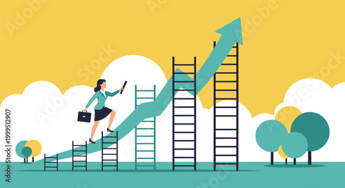 Determined businesswoman climbs a rising green arrow graph using various ladders to overcome challenges and reach career success.
