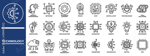 Technology icon set collection. Containing interaction, operation, review, approval, creation, touch, insurance .Line vector icons collection