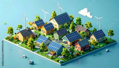 Sustainable Solar Powered Neighborhood Model on Island.