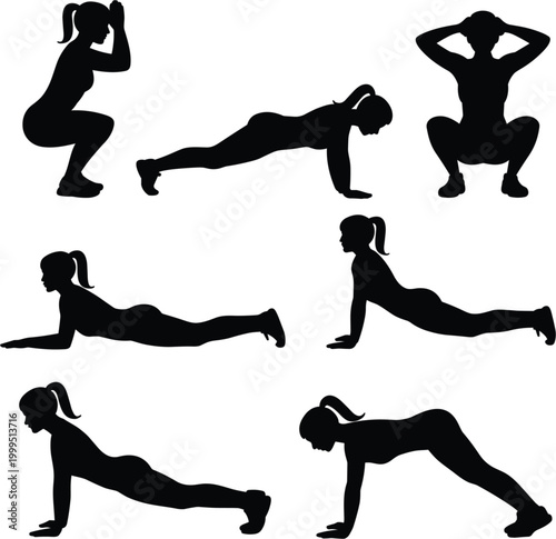 silhouette of a woman doing yoga on white background.