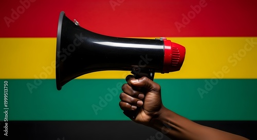 Juneteenth celebration hand holding megaphone before pan african flag for freedom