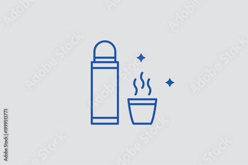 Thermos with cup line icon for maintaining beverage temperature during long travel. Insulated vector illustration for kitchenware retail catalogs and picnic equipment checklists.