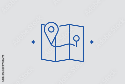 Folded map with pin line icon for route planning and identifying specific travel waypoints. Navigational vector illustration for city tour applications and road trip itinerary designers.