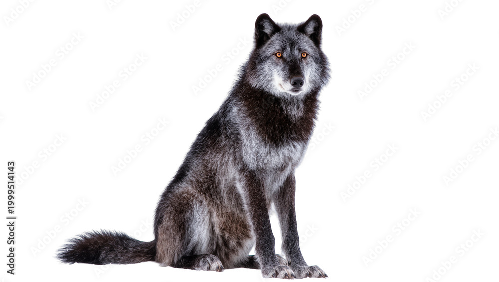 Obraz premium Gray Black Adult Wolf Sitting Facing Forward with Amber Eyes