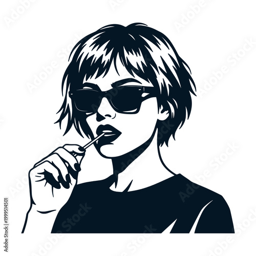 Cool girl with short hair wearing sunglasses holding lollipop candy