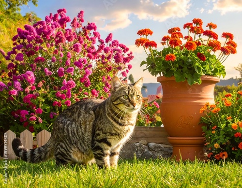 Tabby cat in flower garden outdoors.