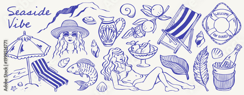 Mediterranean seaside set with blue beach icons, woman, umbrella, shells, fish, citrus, chair, lifebuoy, bottle, and coastal typography. Summer travel collection for packaging and stationery.
