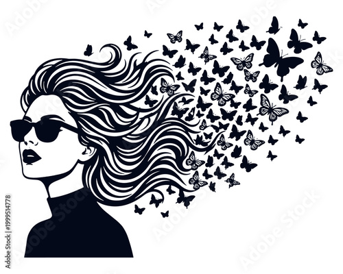 Woman with hair transforming into flying butterflies silhouette
