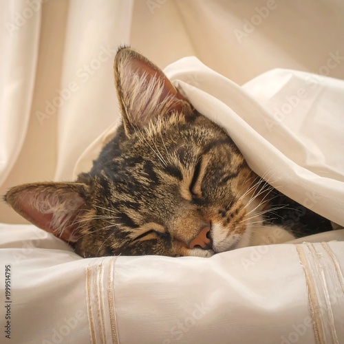 Tabby Cat Sleeping Comfortably Under White Blanket.