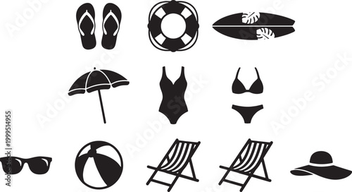 Summer Beach Accessories Icon Set – Swimsuit, Flip Flops, Umbrella, Surfboard Silhouettes