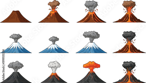 Volcano Eruption Collection with Lava, Ash Clouds, and Erupting Mountains for Nature, Disaster, and Environmental Designs