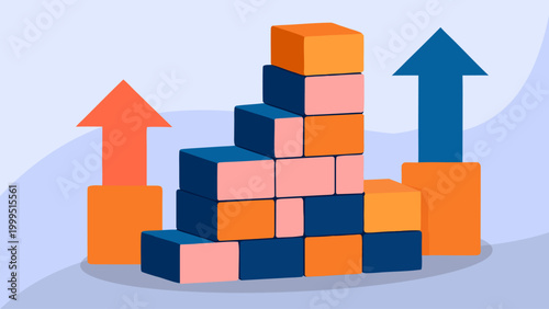 Vector of stacked blocks forming a staircase with upward arrows. Symbolizing progress, scalability, financial growth, and step-by-step career success.