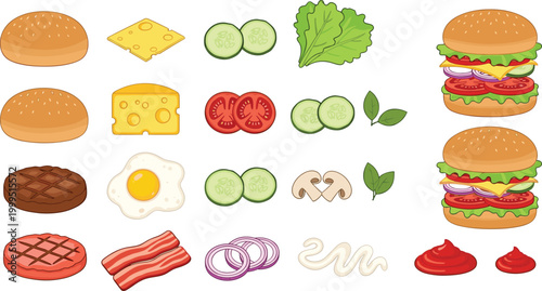 Burger Ingredients Collection with Patties, Cheese, Vegetables, and Sauces for Fast Food, Recipe, and Cooking Designs