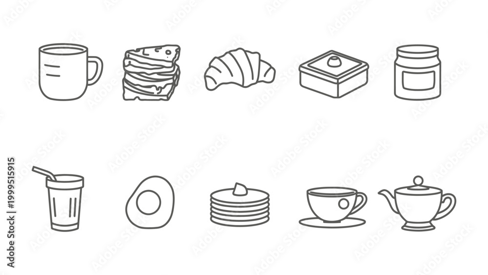 Obraz premium Culinary Delights: An array of delightful food and beverage icons, meticulously depicted, offering a tempting glimpse into the world of treats and refreshments.