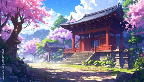 Traditional Japanese Temple with Cherry Blossoms.