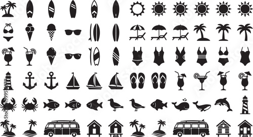 Summer Beach Vacation Icon Set – Surf, Sun, Sea, Tropical Travel Silhouettes