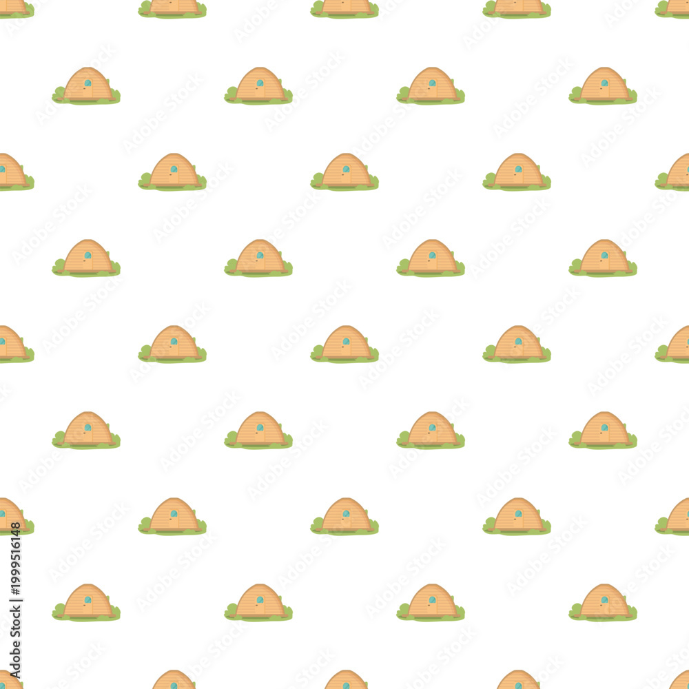 Fototapeta premium Repeating cute wooden hut illustration on green grass, forming a seamless background pattern