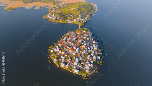 An island city surrounded by lake waters.