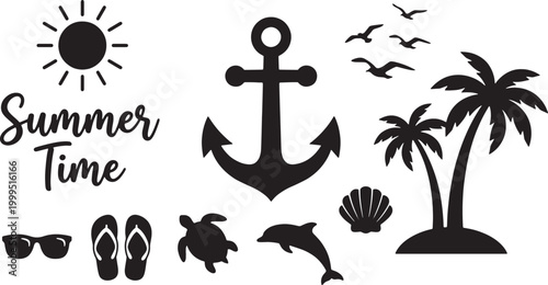 Summer Time Beach Silhouette Set – Anchor, Palm Trees, Dolphin, Tropical Icons