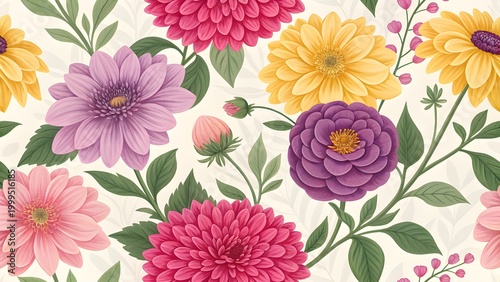 Seamless vintage floral pattern with dahlias and zinnias in pink, purple, and yellow on a soft cream background, elegant botanical illustration.