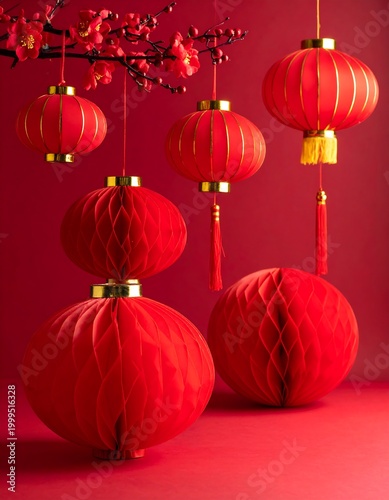 Traditional Red Chinese Lanterns Hanging For Celebration.