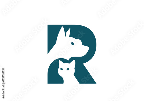 Letter R logo featuring negative space dog and cat