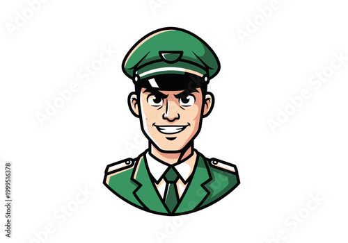 Male soldier or chauffeur mascot character in green uniform