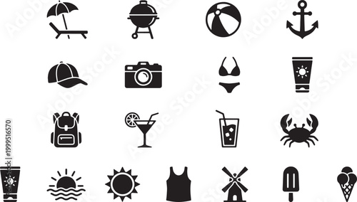 Summer Vacation Icon Set – Beach, Travel, BBQ, Nautical Silhouette Collection
