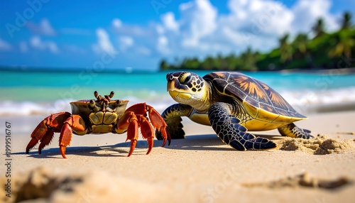 Turtle and crab on sandy beach.