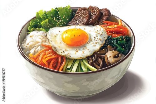 Healthy Korean bibimbap bowl on white