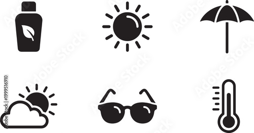 Summer Weather and Sun Protection Icon Set – Sunscreen, Sun, Umbrella, Sunglasses