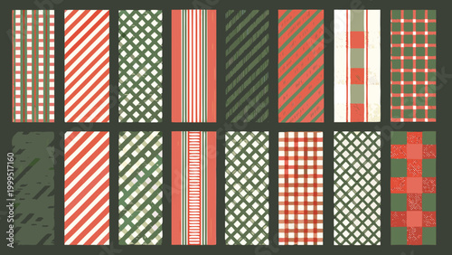 Retro gingham and striped pattern set vintage textile design with muted colors