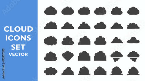 Cloud icons set dark grey and black silhouettes on white background