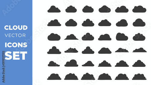 cloud icons set featuring dark grey shapes on a white background