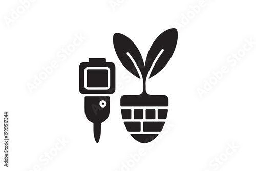Soil moisture sensor probe next to plant sprout growing from brick pot icon vector graphic for agriculture technology and farming.