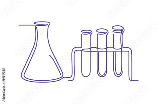 Laboratory equipment with one conical flask and three test tubes