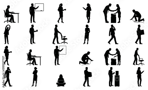 Office and workplace actions silhouettes | professional business people in daily routine | corporate staff activity vector set