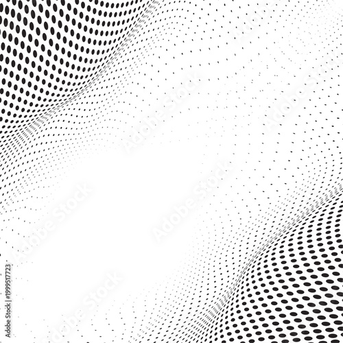Abstract flowing halftone wave background, dynamic dotted mesh pattern, modern monochrome vector design