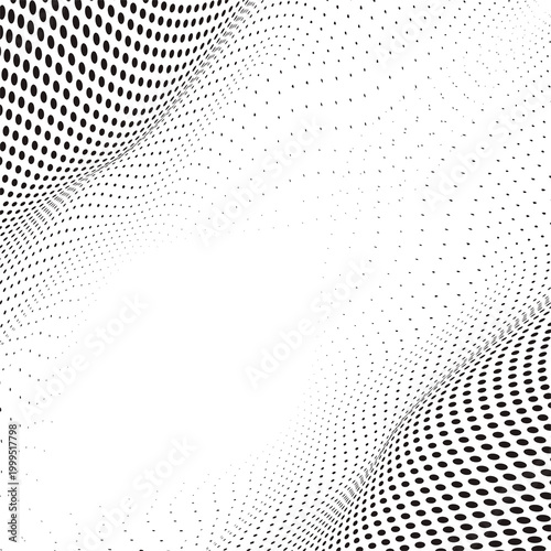 Abstract flowing halftone wave background, dynamic dotted mesh pattern, modern monochrome vector design
