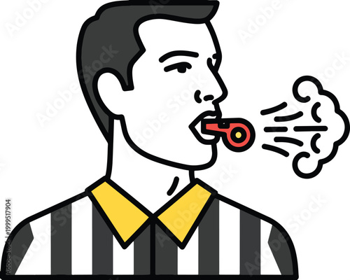Professional referee blowing a whistle for a foul during a competitive sports match illustration icon.