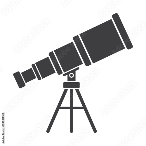 Minimalist telescope icon on tripod, black astronomical spyglass vector silhouette, science and space observation equipment graphic