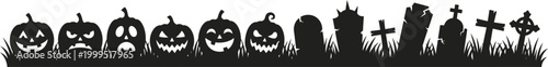 Black silhouette of halloween decorations with pumpkins and tombstones isolated on white background
